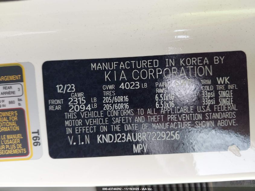 2024 Kia Soul Lx VIN: KNDJ23AU8R7229256 Lot: 43748292