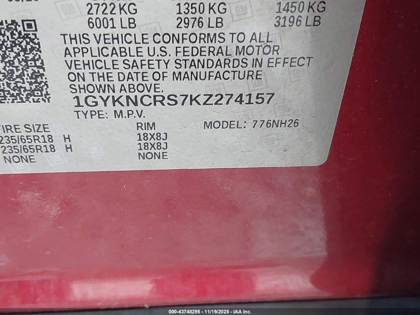 2019 Cadillac Xt5 Luxury VIN: 1GYKNCRS7KZ274157 Lot: 43748295