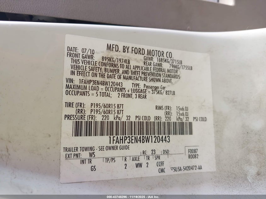 1FAHP3EN4BW120443 2011 FORD FOCUS photo no. 9