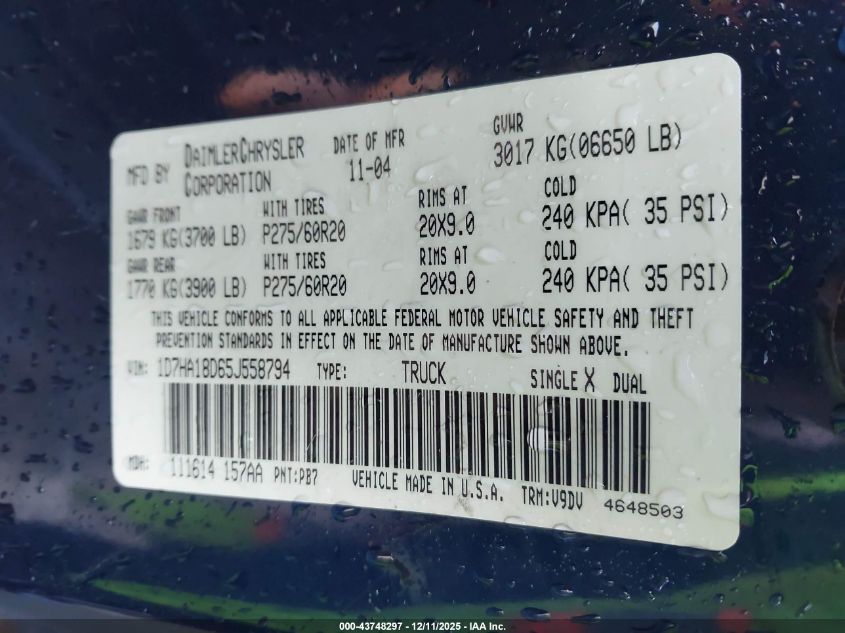 2005 Dodge Ram 1500 Slt/Laramie VIN: 1D7HA18D65J558794 Lot: 43748297