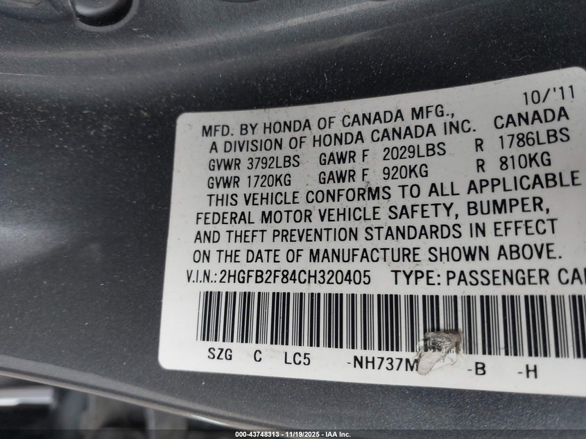 2HGFB2F84CH320405 2012 HONDA CIVIC photo no. 9