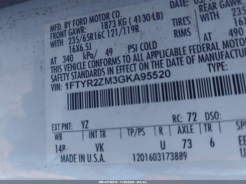 2016 Ford Transit-250 VIN: 1FTYR2ZM3GKA95520 Lot: 43748318