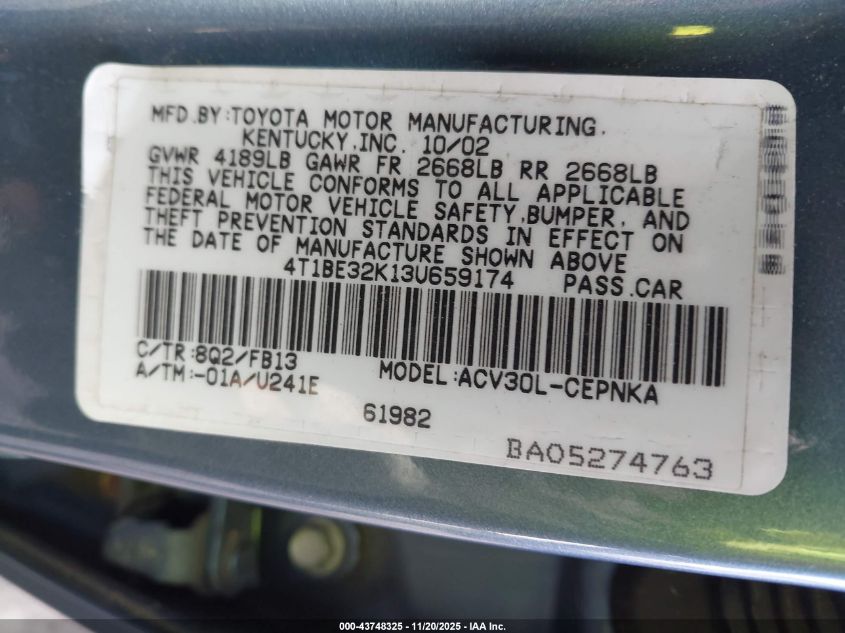 2003 Toyota Camry Le VIN: 4T1BE32K13U659174 Lot: 43748325