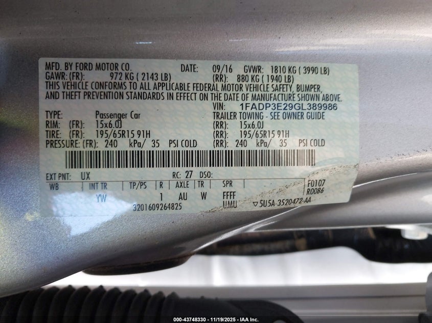 1FADP3E29GL389986 2016 FORD FOCUS photo no. 9