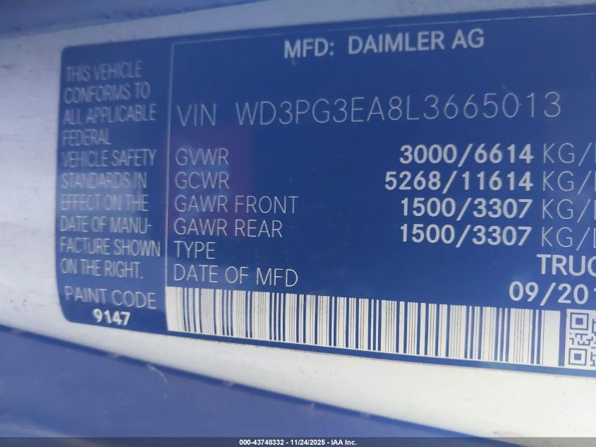 2020 Mercedes-Benz Metris VIN: WD3PG3EA8L3665013 Lot: 43748332