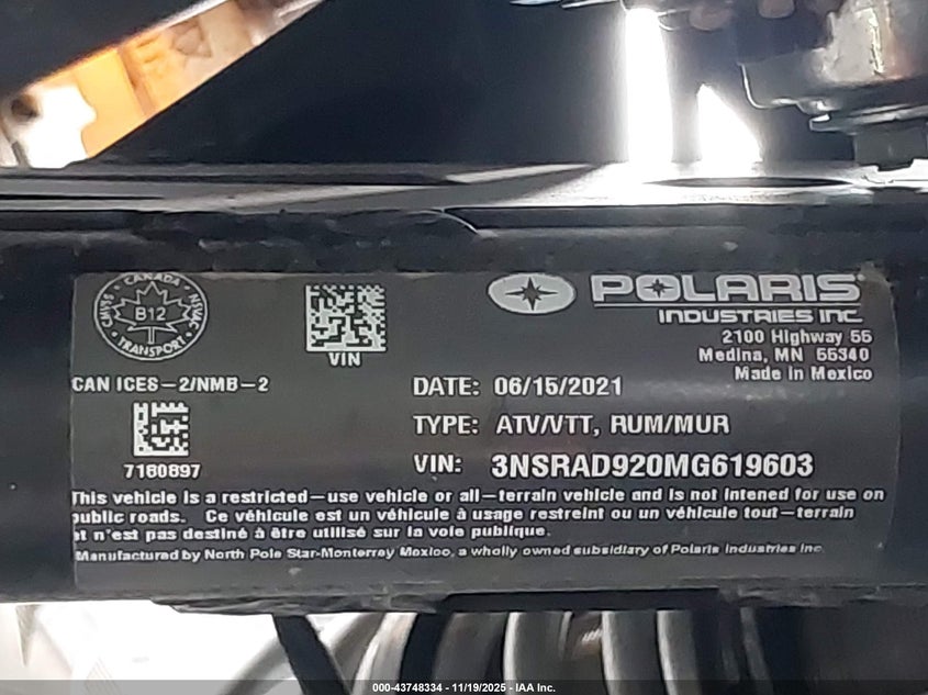 2021 Polaris Rzr Pro Xp Ultimate VIN: 3NSRAD920MG619603 Lot: 43748334