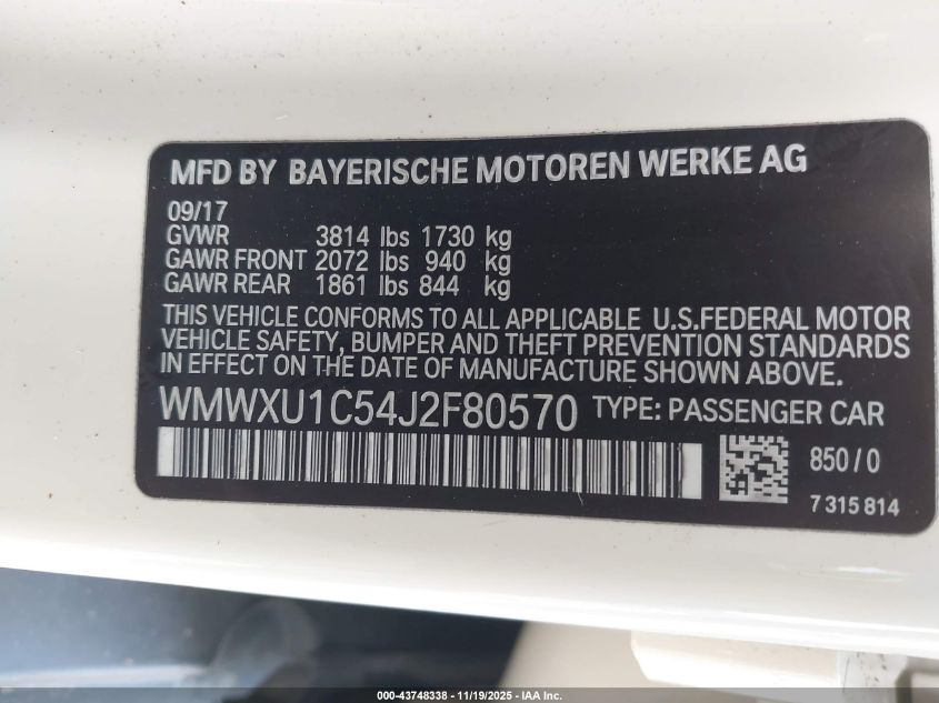 2018 Mini Hardtop Cooper VIN: WMWXU1C54J2F80570 Lot: 43748338