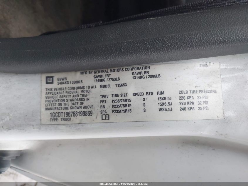 2006 Chevrolet Colorado Lt VIN: 1GCDT196768199869 Lot: 43748356