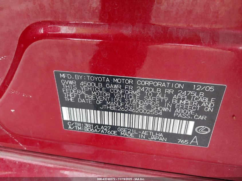 2006 Lexus Is 350 VIN: JTHBE262462002554 Lot: 43748372