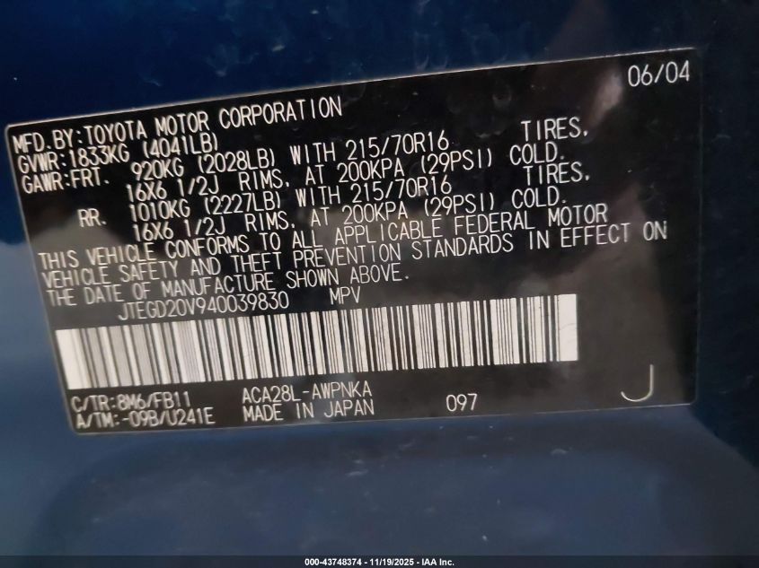 2004 Toyota Rav4 VIN: JTEGD20V940039830 Lot: 43748374