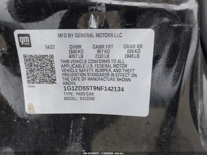 2022 Chevrolet Malibu Fwd Lt VIN: 1G1ZD5ST9NF142134 Lot: 43748375