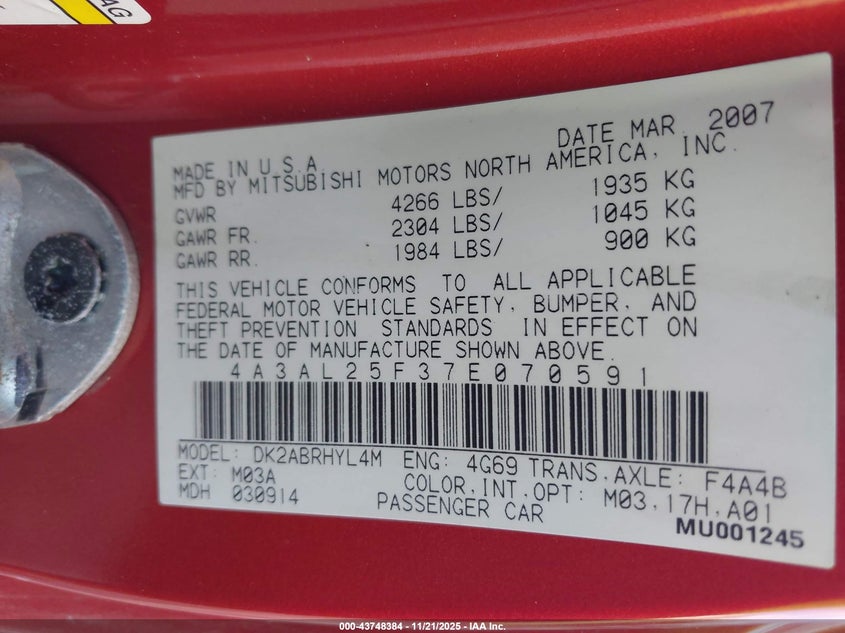 2007 Mitsubishi Eclipse Spyder Gs VIN: 4A3AL25F37E070591 Lot: 43748384