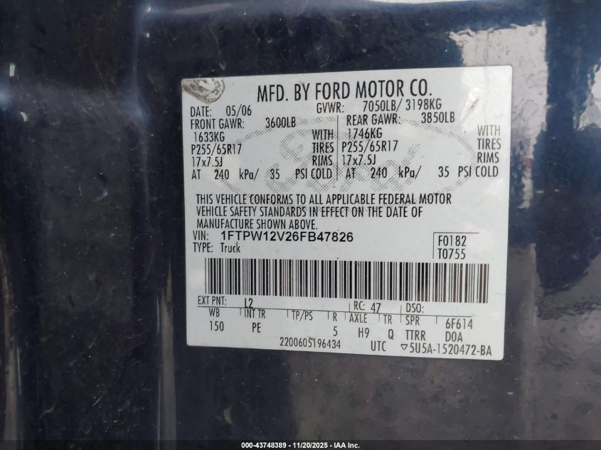 2006 Ford F-150 Lariat/Xlt VIN: 1FTPW12V26FB47826 Lot: 43748389