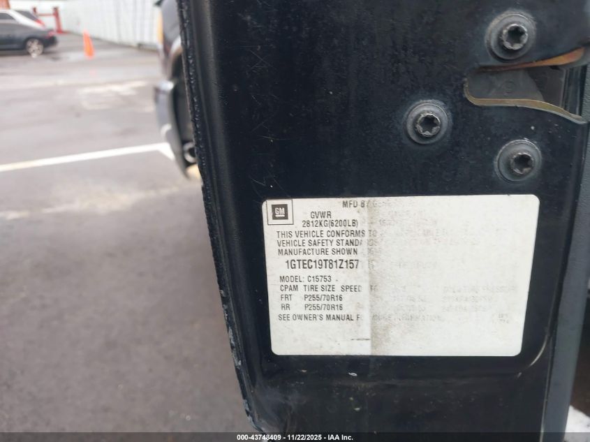 2001 GMC Sierra 1500 Sle VIN: 1GTEC19T81Z157191 Lot: 43748409