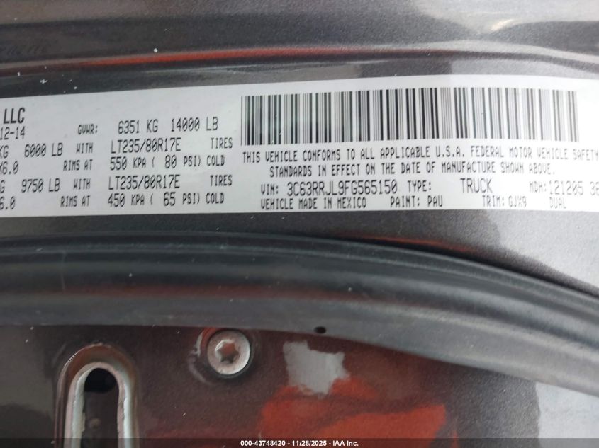 2015 Ram 3500 Laramie VIN: 3C63RRJL9FG565150 Lot: 43748420
