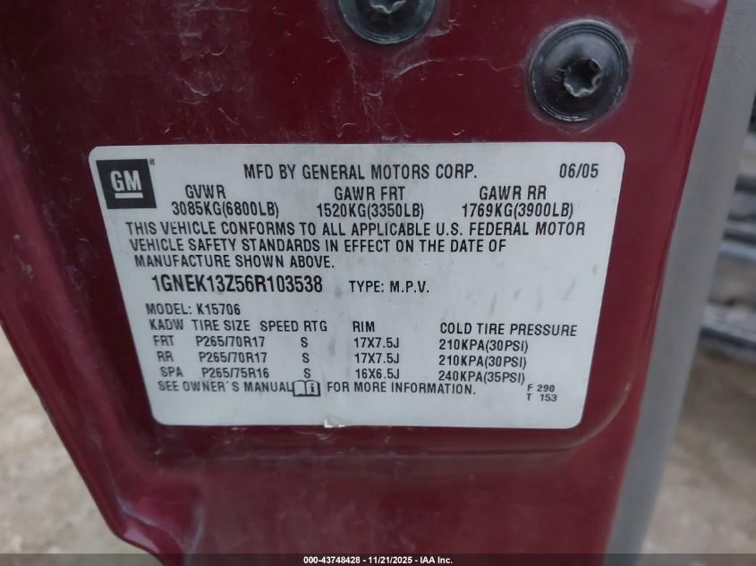 2006 Chevrolet Tahoe Z71 VIN: 1GNEK13Z56R103538 Lot: 43748428