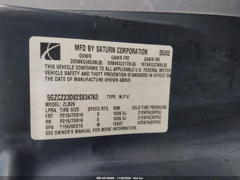 2002 Saturn Vue 4 Cyl VIN: 5GZCZ23D82S834763 Lot: 43748460