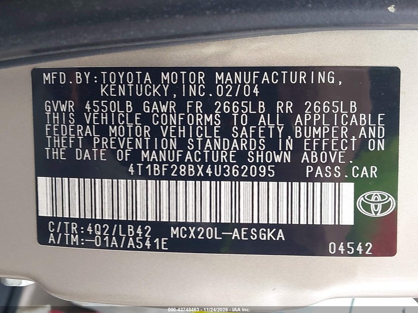 2004 Toyota Avalon Xls VIN: 4T1BF28BX4U362095 Lot: 43748463