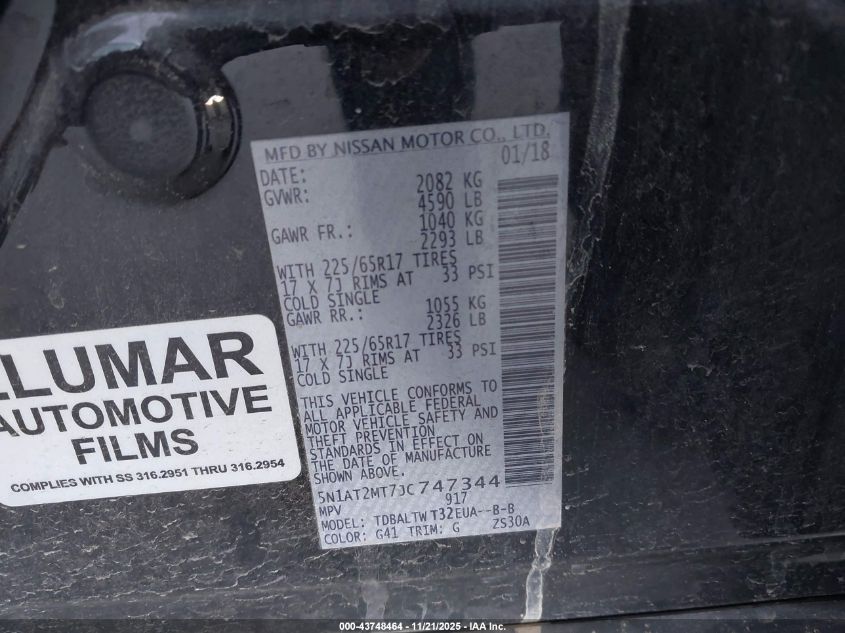 2018 Nissan Rogue Sv VIN: 5N1AT2MT7JC747344 Lot: 43748464