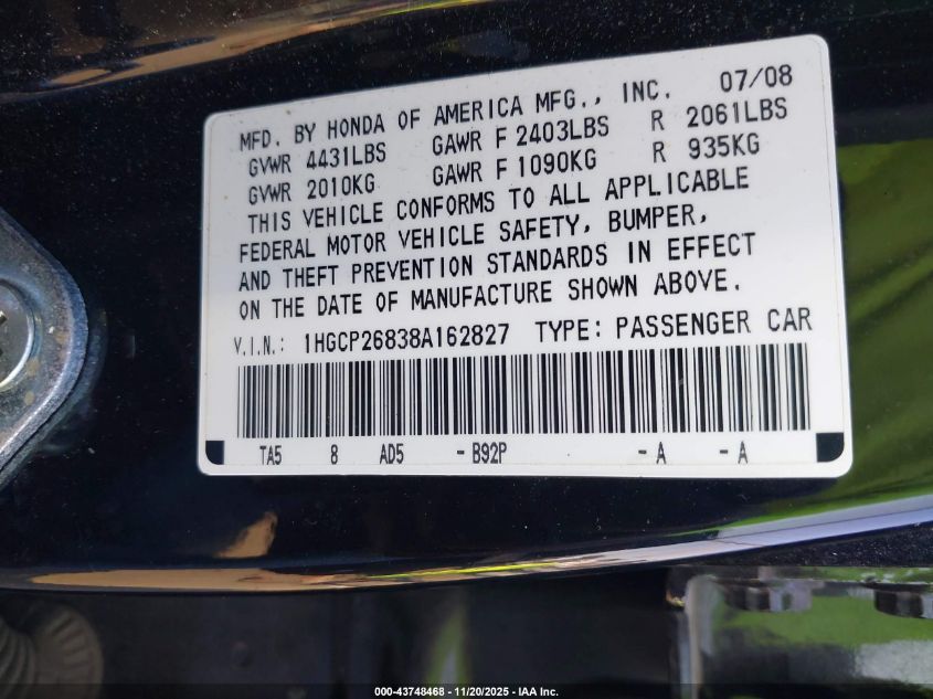 2008 Honda Accord 2.4 Ex-L VIN: 1HGCP26838A162827 Lot: 43748468