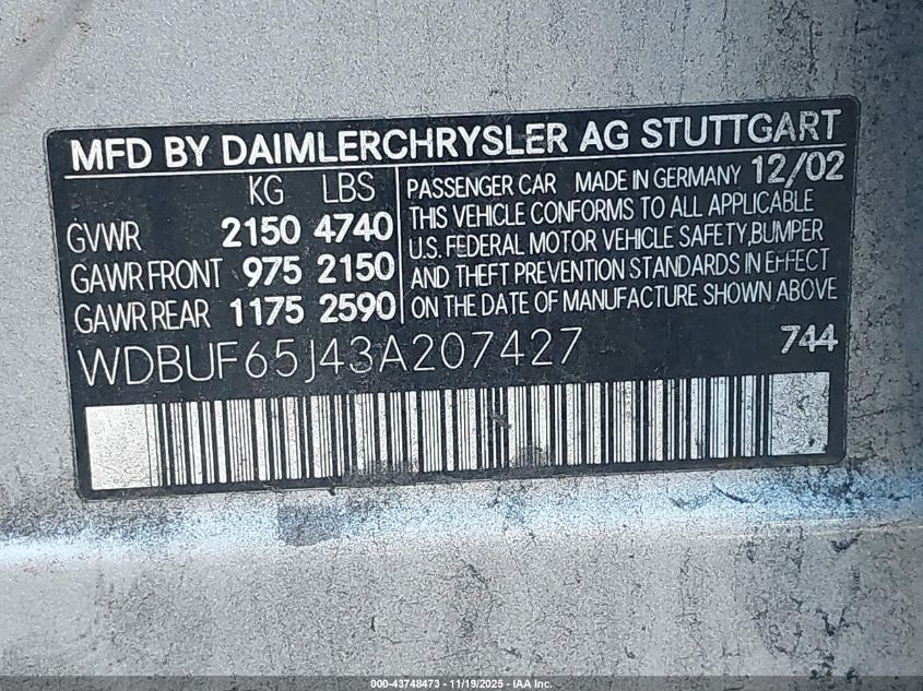 2003 Mercedes-Benz E 320 VIN: WDBUF65J43A207427 Lot: 43748473