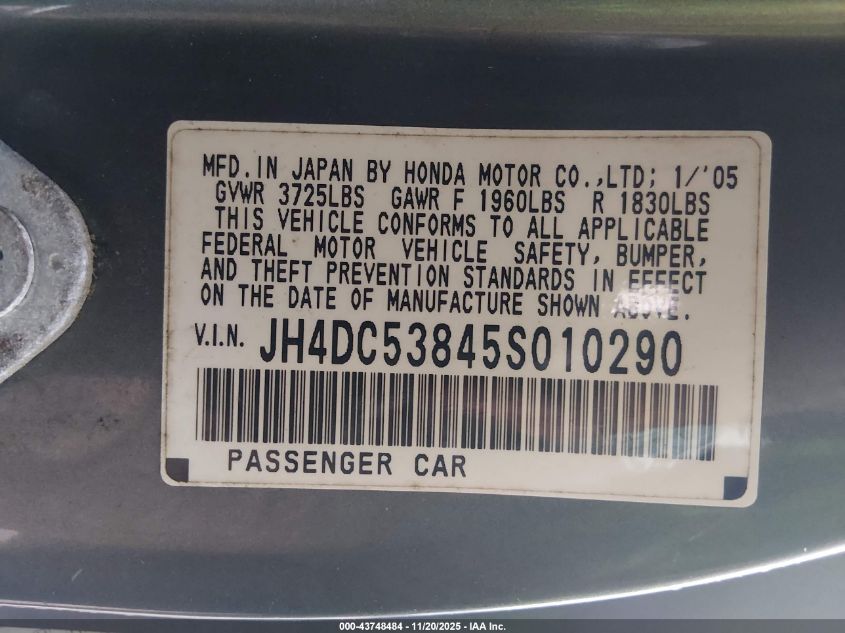 2005 Acura Rsx VIN: JH4DC53845S010290 Lot: 43748484