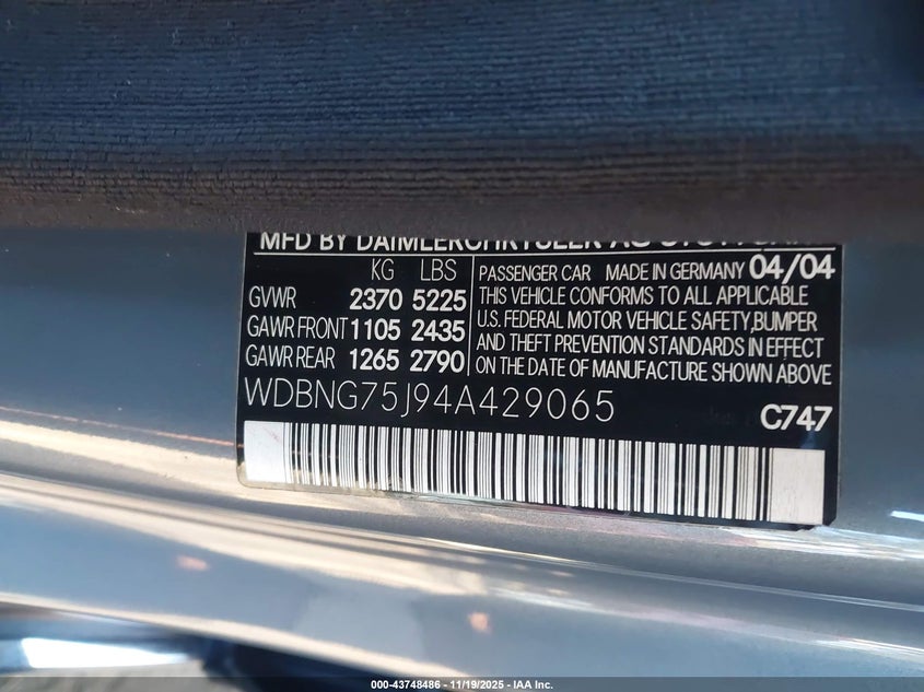 2004 Mercedes-Benz S 500 VIN: WDBNG75J94A429065 Lot: 43748486