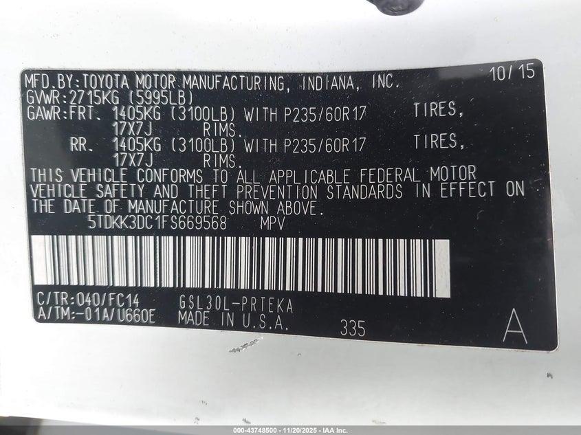 5TDKK3DC1FS669568 2015 TOYOTA SIENNA photo no. 9