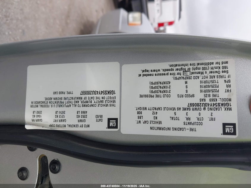 2003 Cadillac Seville Sls VIN: 1G6KS54Y43U280697 Lot: 43748504