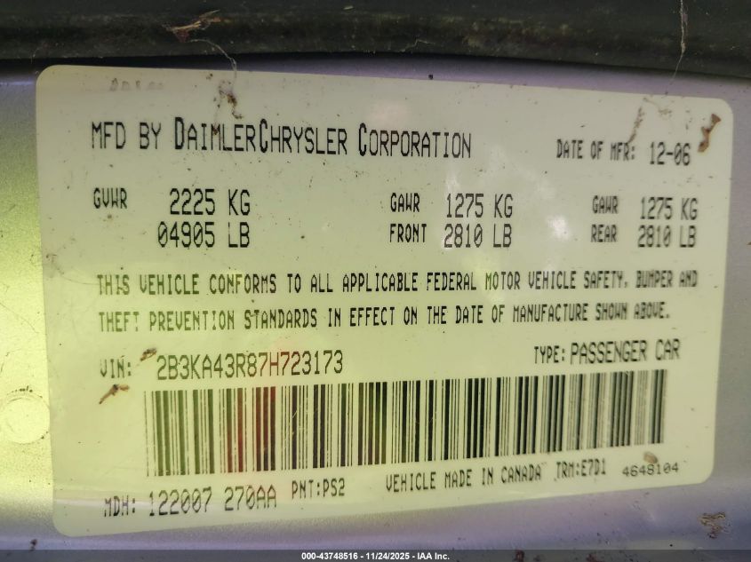 2007 Dodge Charger VIN: 2B3KA43R87H723173 Lot: 43748516