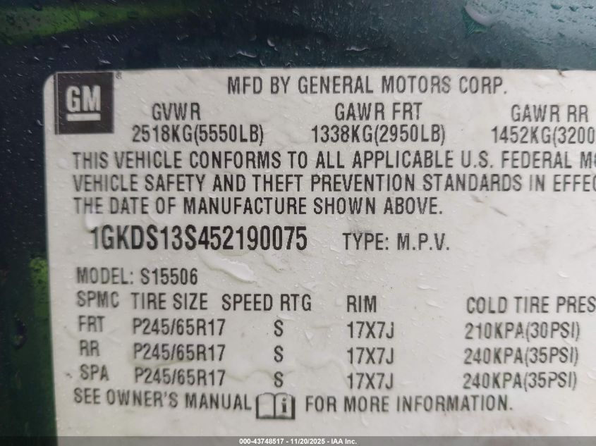 2005 GMC Envoy Slt VIN: 1GKDS13S452190075 Lot: 43748517