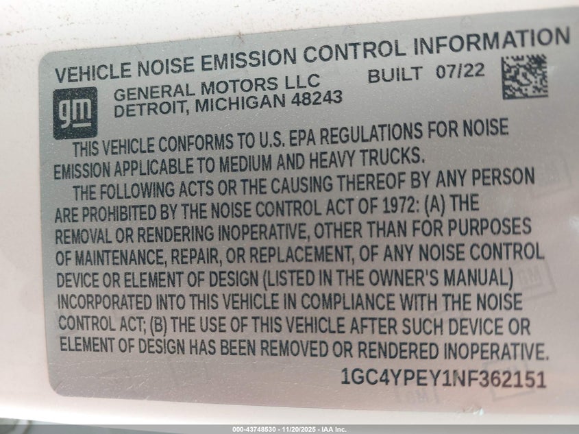 2022 Chevrolet Silverado 2500Hd 4Wd Standard Bed Ltz VIN: 1GC4YPEY1NF362151 Lot: 43748530