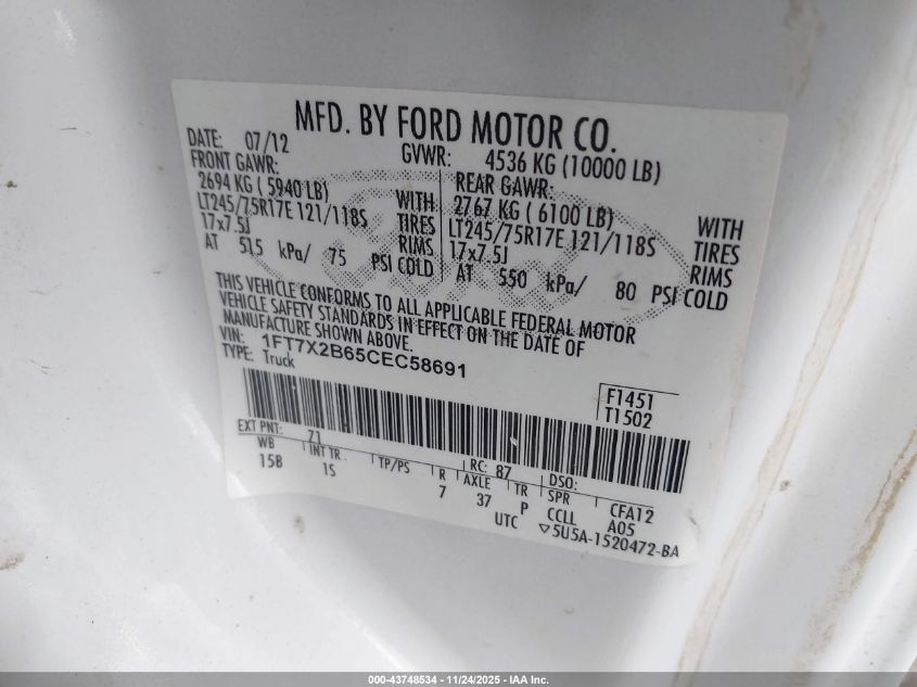 2012 Ford F-250 Xl VIN: 1FT7X2B65CEC58691 Lot: 43748534