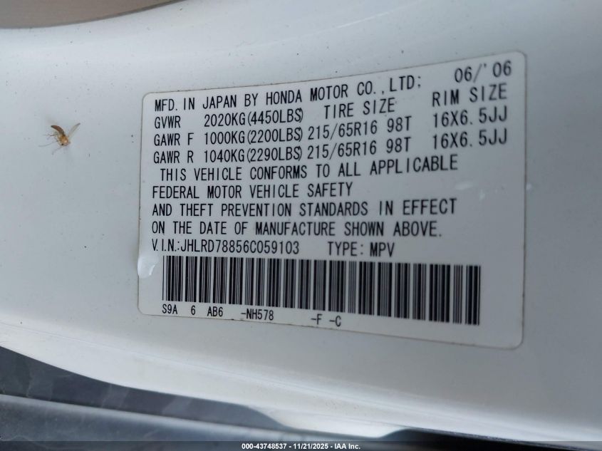 2006 Honda Cr-V Ex VIN: JHLRD78856C059103 Lot: 43748537
