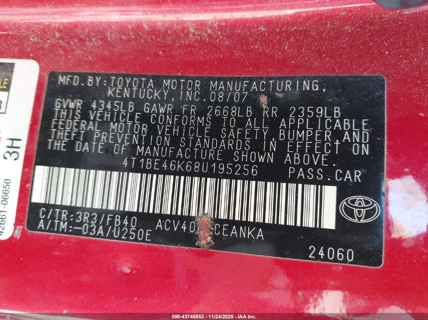 2008 Toyota Camry Le VIN: 4T1BE46K68U195256 Lot: 43748552