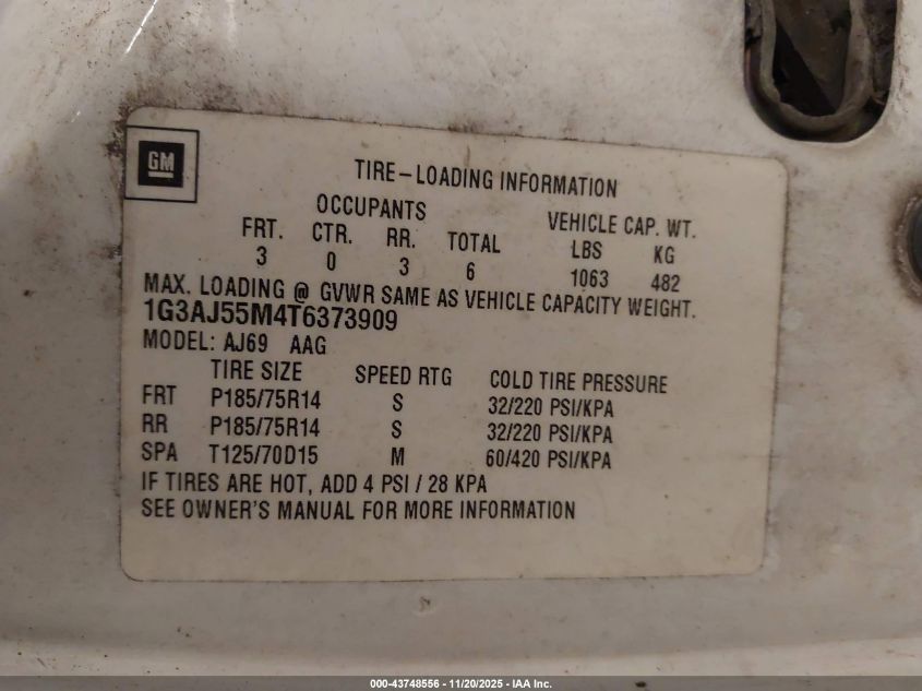 1996 Oldsmobile Ciera Sl VIN: 1G3AJ55M4T6373909 Lot: 43748556