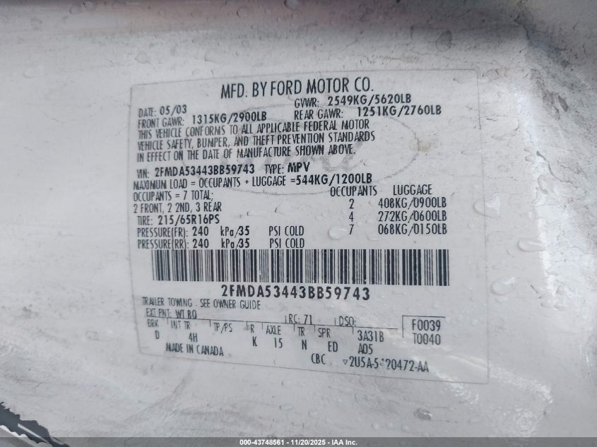 2003 Ford Windstar Sel VIN: 2FMDA53443BB59743 Lot: 43748561