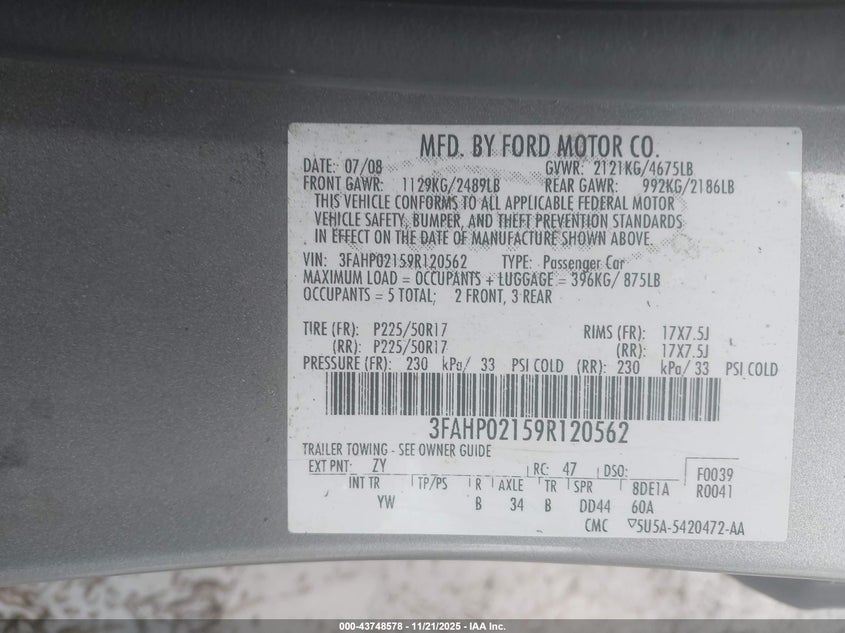 2009 Ford Fusion Sel VIN: 3FAHP02159R120562 Lot: 43748578