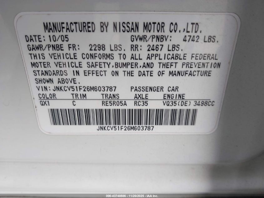 2006 Infiniti G35X VIN: JNKCV51F26M603787 Lot: 43748586