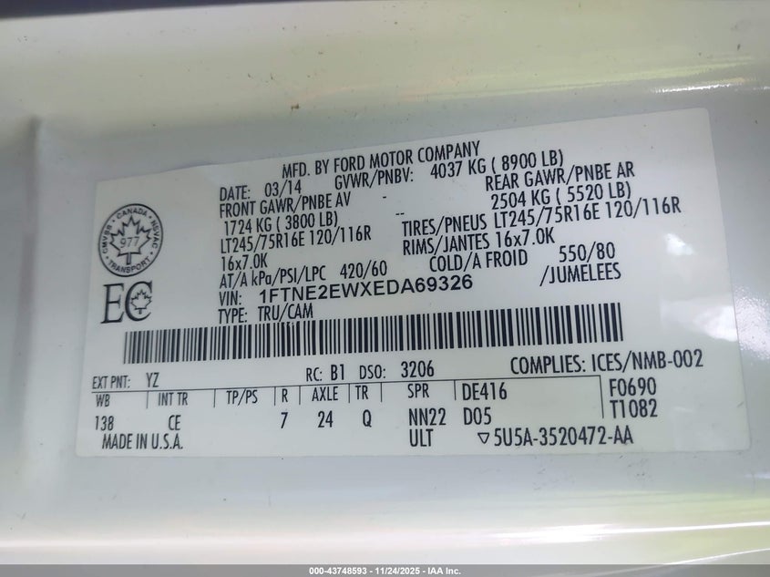 2014 Ford E-250 Commercial VIN: 1FTNE2EWXEDA69326 Lot: 43748593