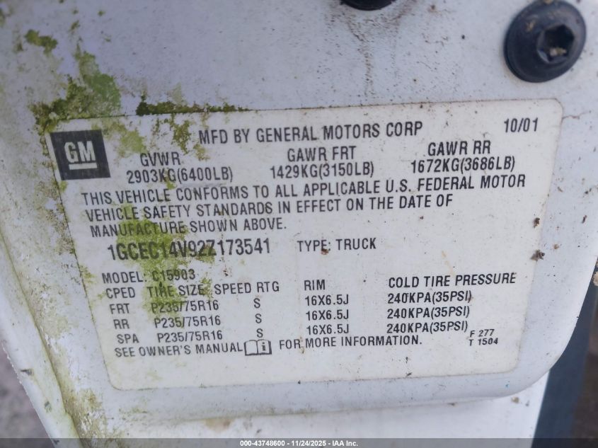 2002 Chevrolet Silverado 1500 Commercial VIN: 1GCEC14V92Z173541 Lot: 43748600