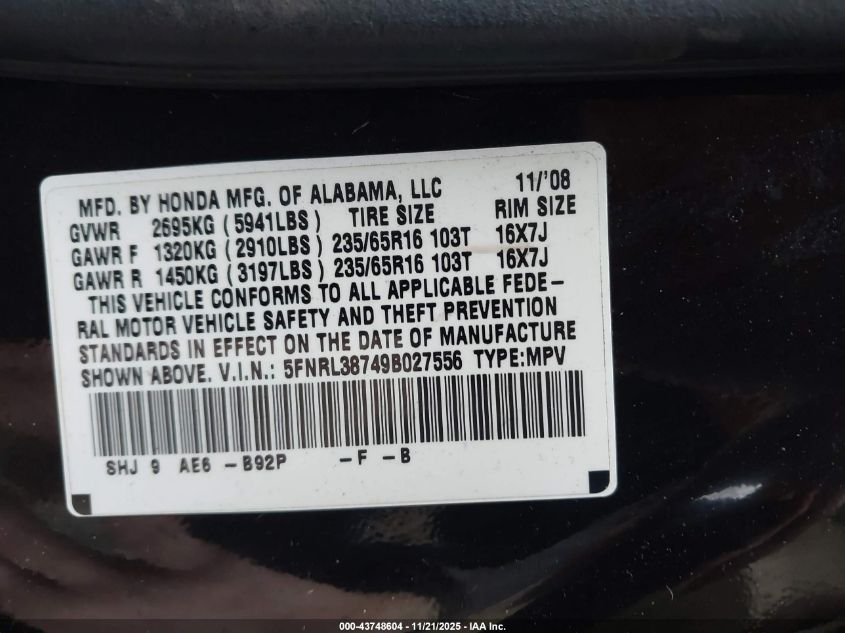 2009 Honda Odyssey Ex-L VIN: 5FNRL38749B027556 Lot: 43748604