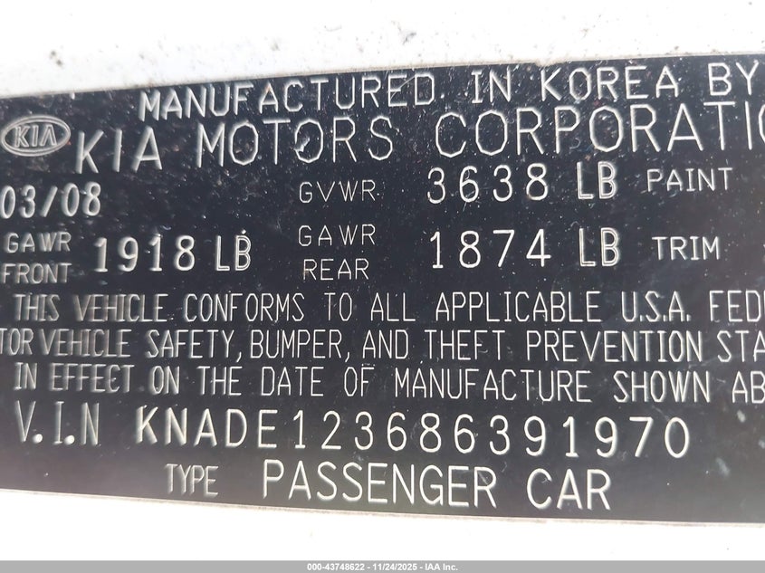 2008 Kia Rio Lx VIN: KNADE123686391970 Lot: 43748622