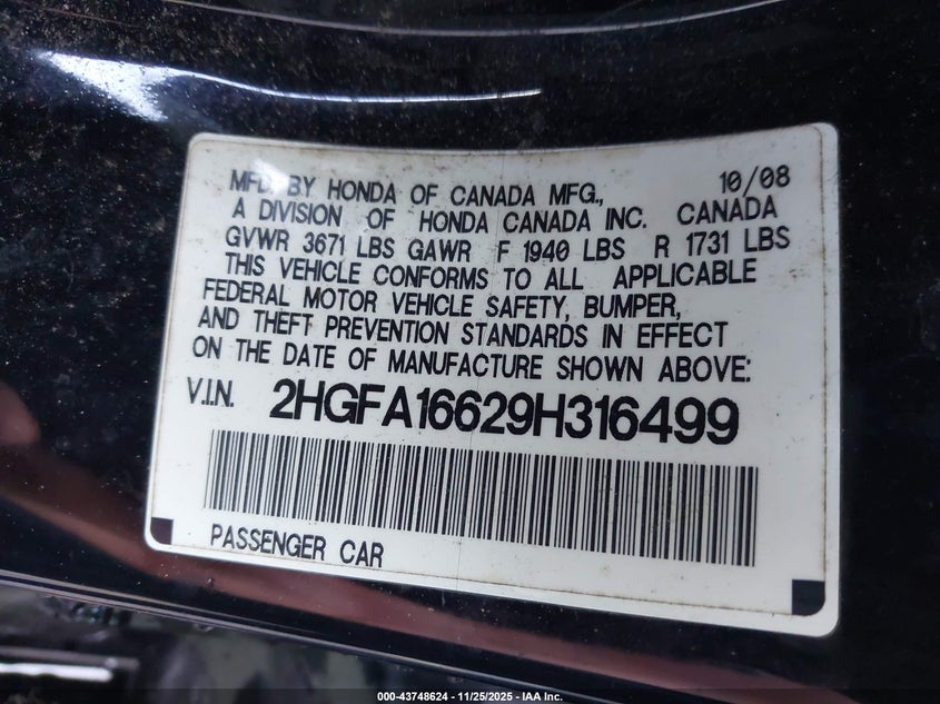 2009 Honda Civic Lx-S VIN: 2HGFA16629H316499 Lot: 43748624