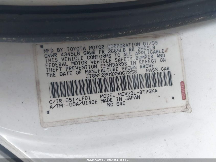 1999 Lexus Es 300 VIN: JT8BF28G9X5067258 Lot: 43748629