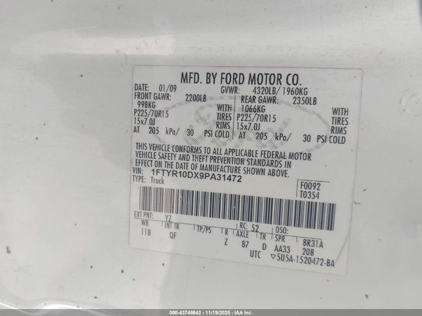 2009 Ford Ranger Sport/Xl/Xlt VIN: 1FTYR10DX9PA31472 Lot: 43748642