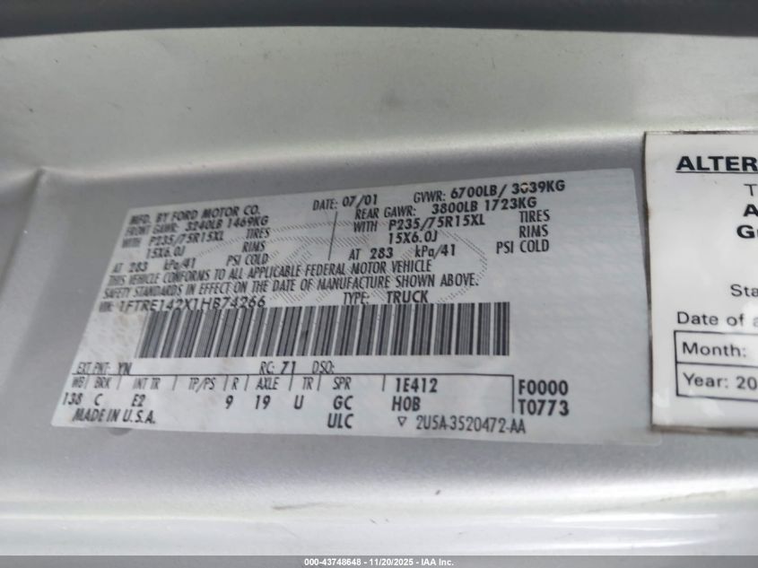 2001 Ford E-150 Commercial/Recreational VIN: 1FTRE142X1HB74266 Lot: 43748648