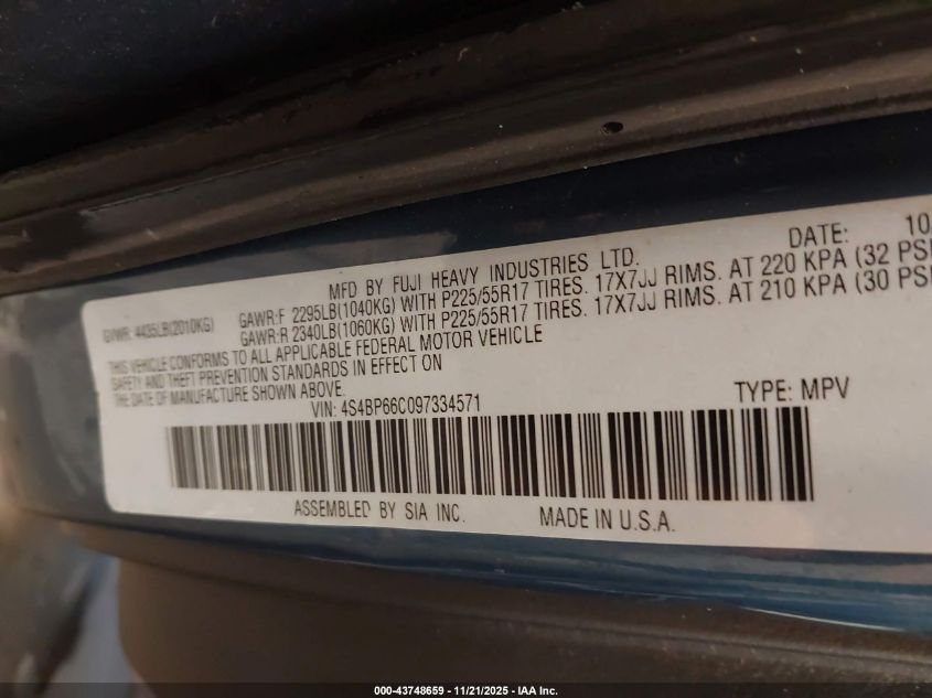 2009 Subaru Outback 2.5I Limited VIN: 4S4BP66C097334571 Lot: 43748659