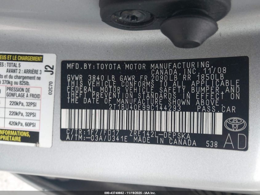 2009 Toyota Corolla S VIN: 2T1BU40E99C144293 Lot: 43748662