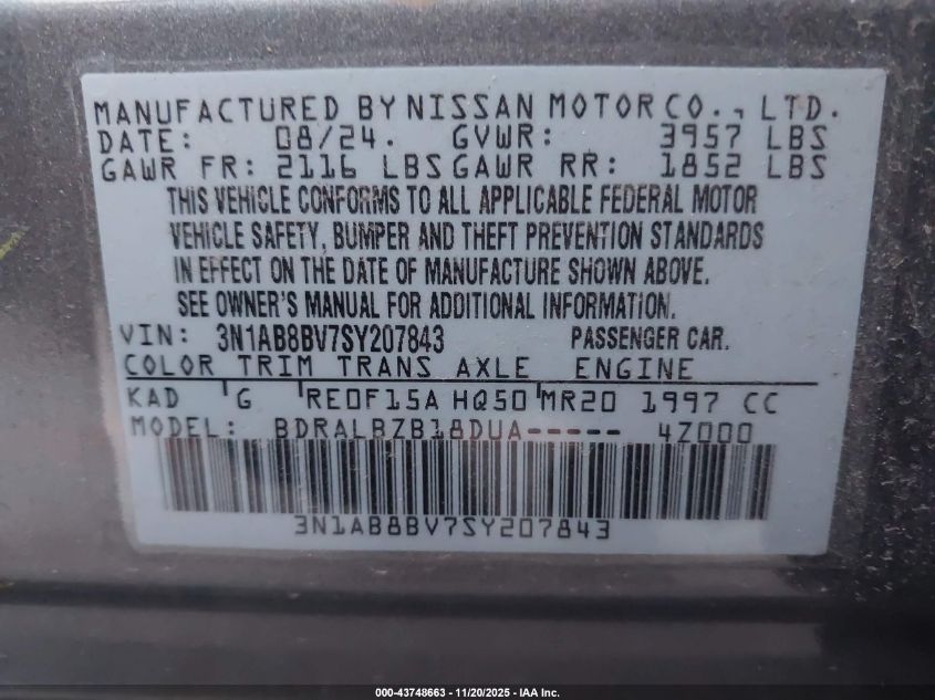 2025 Nissan Sentra S VIN: 03N1AB8BV7SY20784 Lot: 43748663